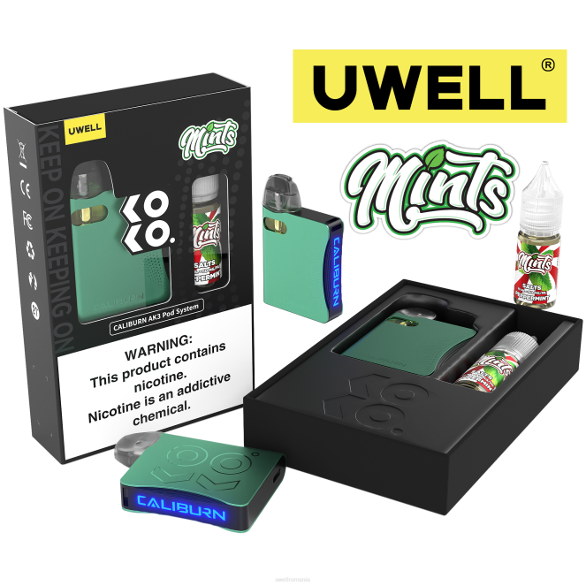 crl: cyan/flv: mentă 50mg L00F242 - tigara electronica UWELL - UWELL CALIBURN AK3 kit + a3s 0.8ohm păstăi (x2) + daddy's vapor 10ml săruri 50mg