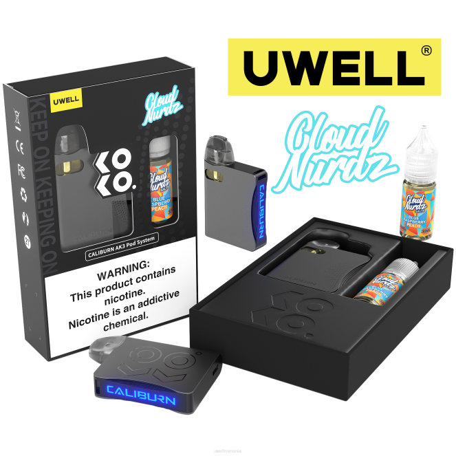 crl: gri/flv: piersic albastru zmeura L00F247 - UWELL puffs - UWELL CALIBURN AK3 kit + a3s 0.8ohm păstăi (x2) + daddy's vapor 10ml săruri 50mg